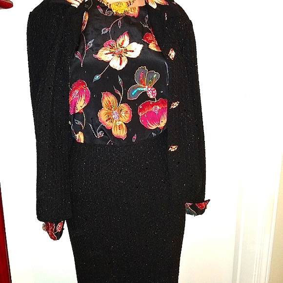 CHRISTIAN A. 12/14 VINTAGE WOOL SILK TWEED BOUCLE 3PC METALLIC SKIRT SUIT SET - Picture 2 of 15